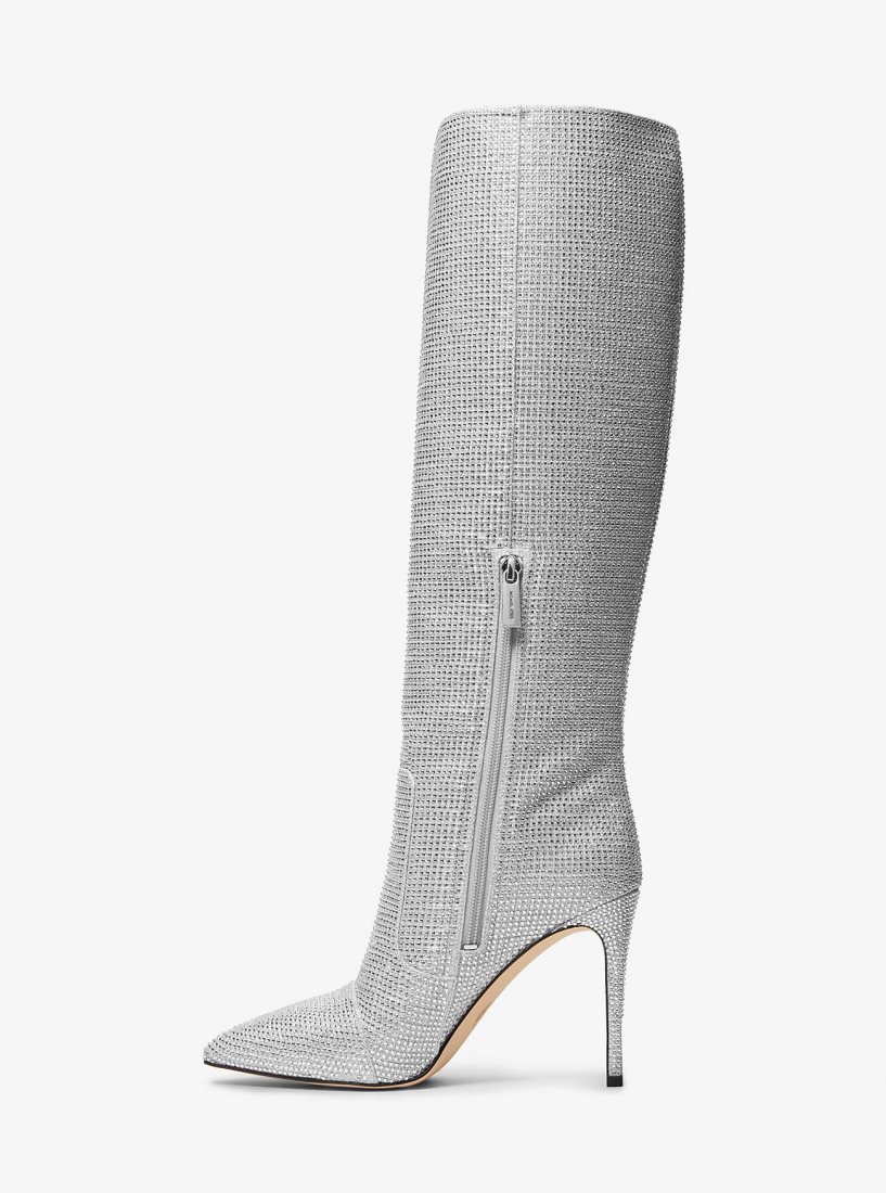 Michael Kors Rue Embellished Glitter Chain-Mesh Knee Boot Bot Kadın Gümüş | 956478-LDQ