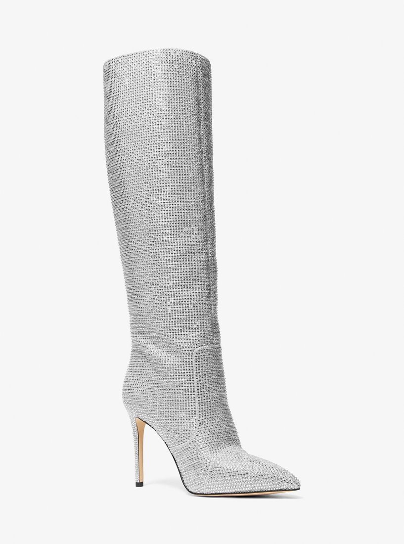 Michael Kors Rue Embellished Glitter Chain-Mesh Knee Boot Bot Kadın Gümüş | 956478-LDQ