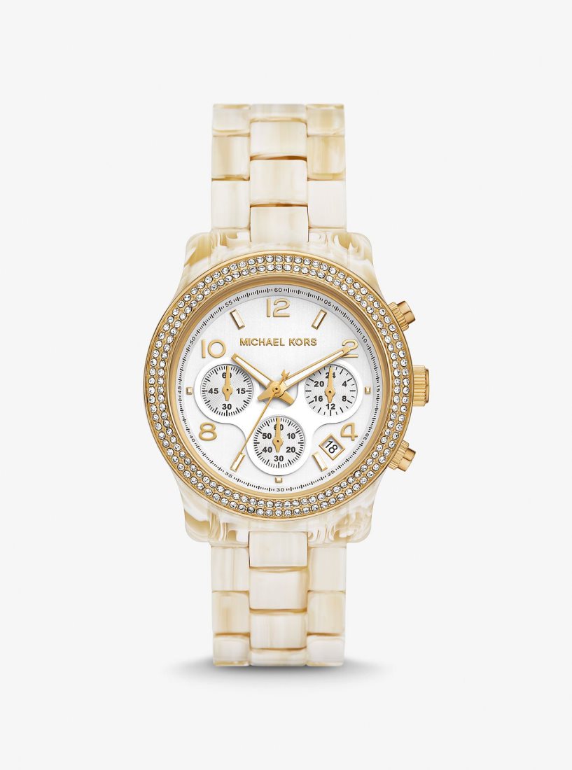 Michael Kors Runway Pave Gold-Tone and Acetate Watch Gold-tone Kadın Alabaster | 207643-SEL