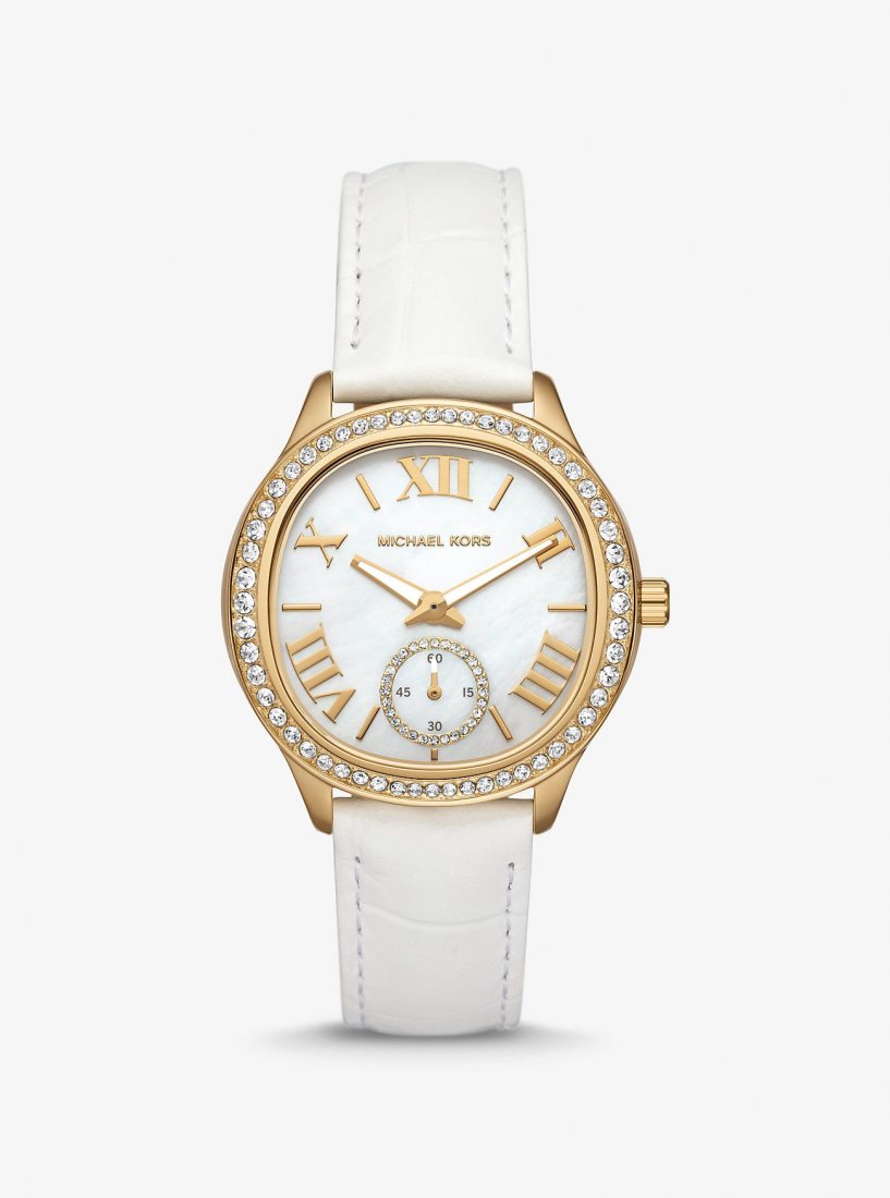 Michael Kors Sage Pave Gold-Tone and Crocodile Embossed Leather Watch Gold-tone Kadın Beyaz | 162794-VMS