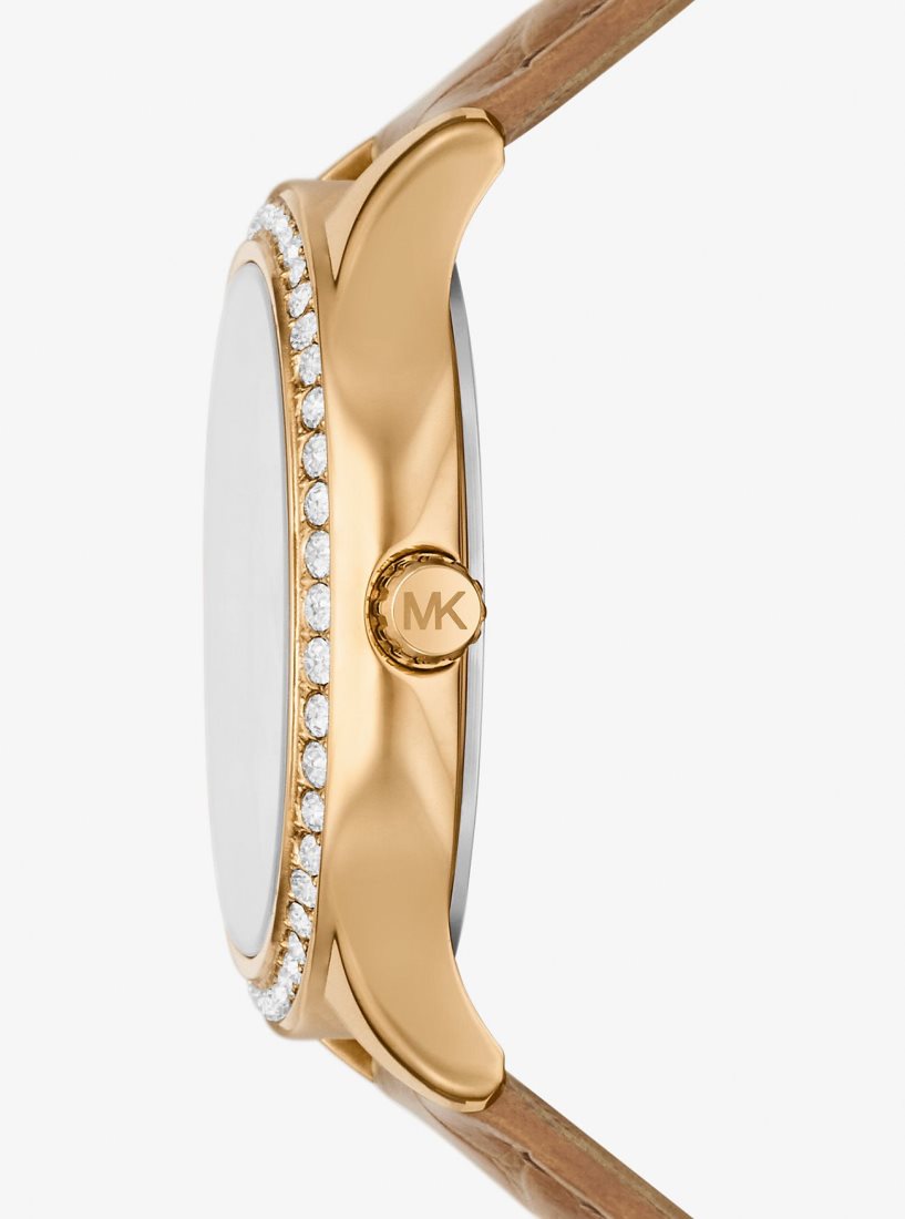 Michael Kors Sage Pave Gold-Tone and Crocodile Embossed Leather Watch Gold-tone Kadın Peanut | 341962-VHJ