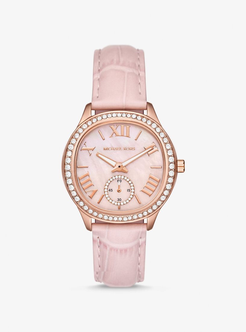 Michael Kors Sage Pave Rose Gold-Tone and Crocodile Embossed Leather Watch Gold-tone Kadın Pembe | 263490-JOT