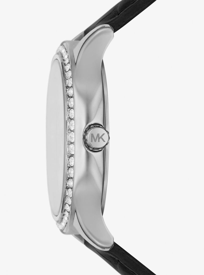 Michael Kors Sage Pave Silver-Tone and Crocodile Embossed Leather Watch Silver-tone Erkek Siyah | 732065-TGZ