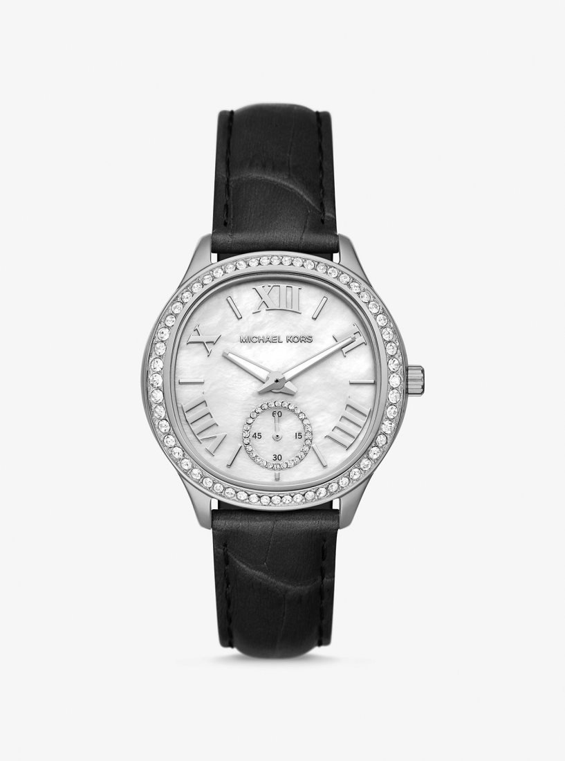 Michael Kors Sage Pave Silver-Tone and Crocodile Embossed Leather Watch Silver-tone Erkek Siyah | 732065-TGZ