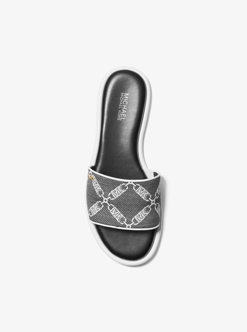 Michael Kors Saylor Empire Logo Jacquard Slide Sandal Sandalet Kadın Siyah Beyaz | 216395-LSF