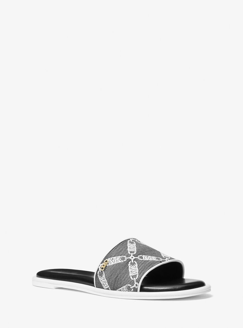 Michael Kors Saylor Empire Logo Jacquard Slide Sandal Sandalet Kadın Siyah Beyaz | 216395-LSF