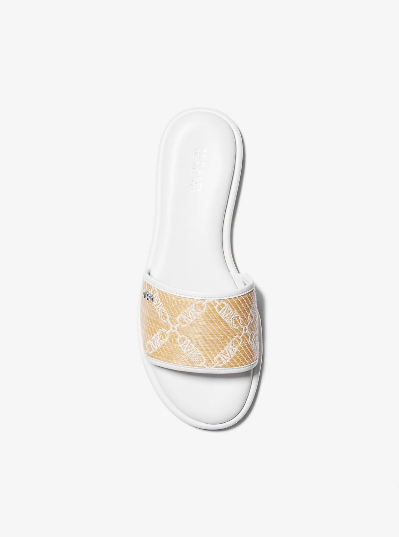 Michael Kors Saylor Empire Logo Jacquard Straw Slide Sandal Sandalet Kadın Nat/Opticwht | 608521-QNT