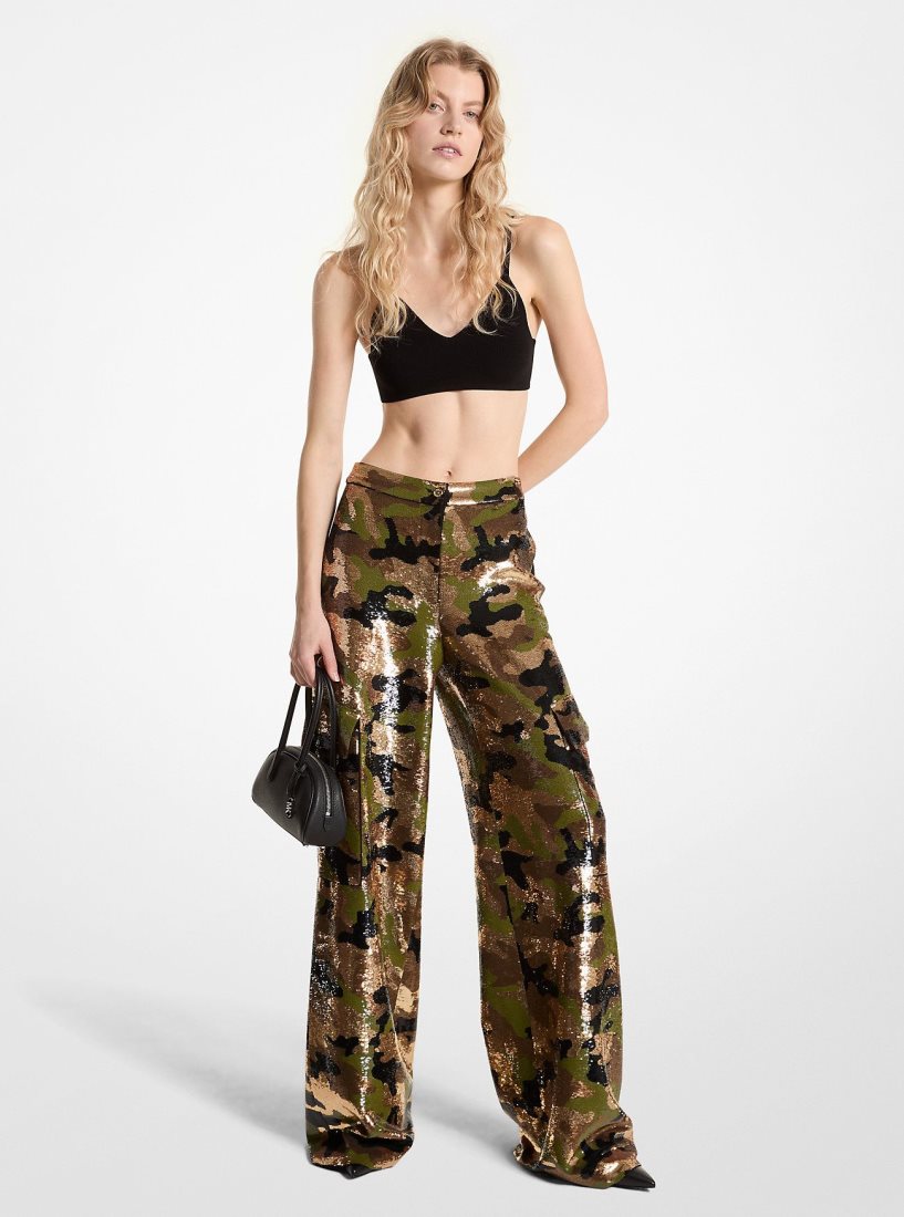 Michael Kors Sequined Camouflage Wide-Leg Cargo Pants Pantolon Kadın Koyu Kahverengi | 983610-FVX