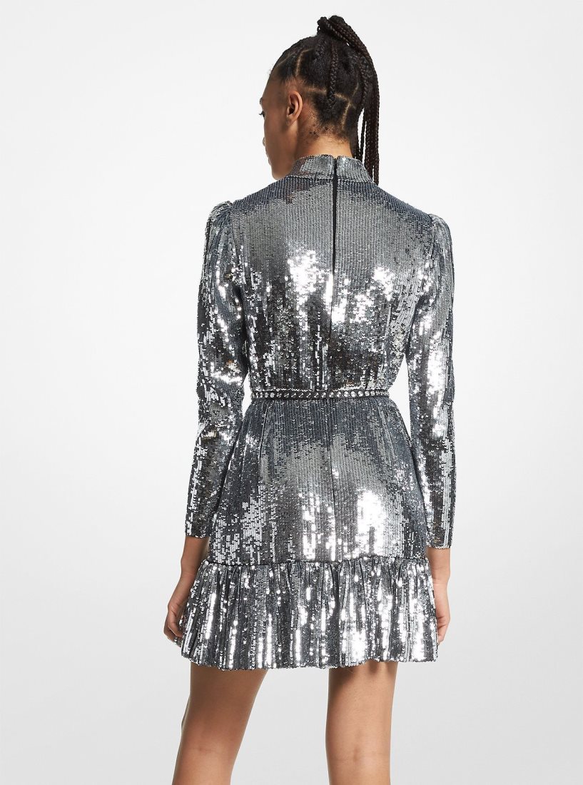 Michael Kors Sequined Georgette Ruffled Dress Elbise Kadın Gümüş | 048251-MCV