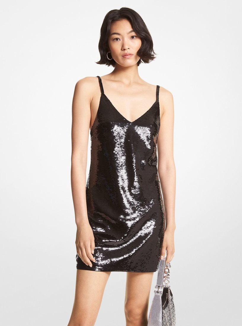 Michael Kors Sequined Mesh Tank Dress Elbise Kadın Siyah | 348157-EUT