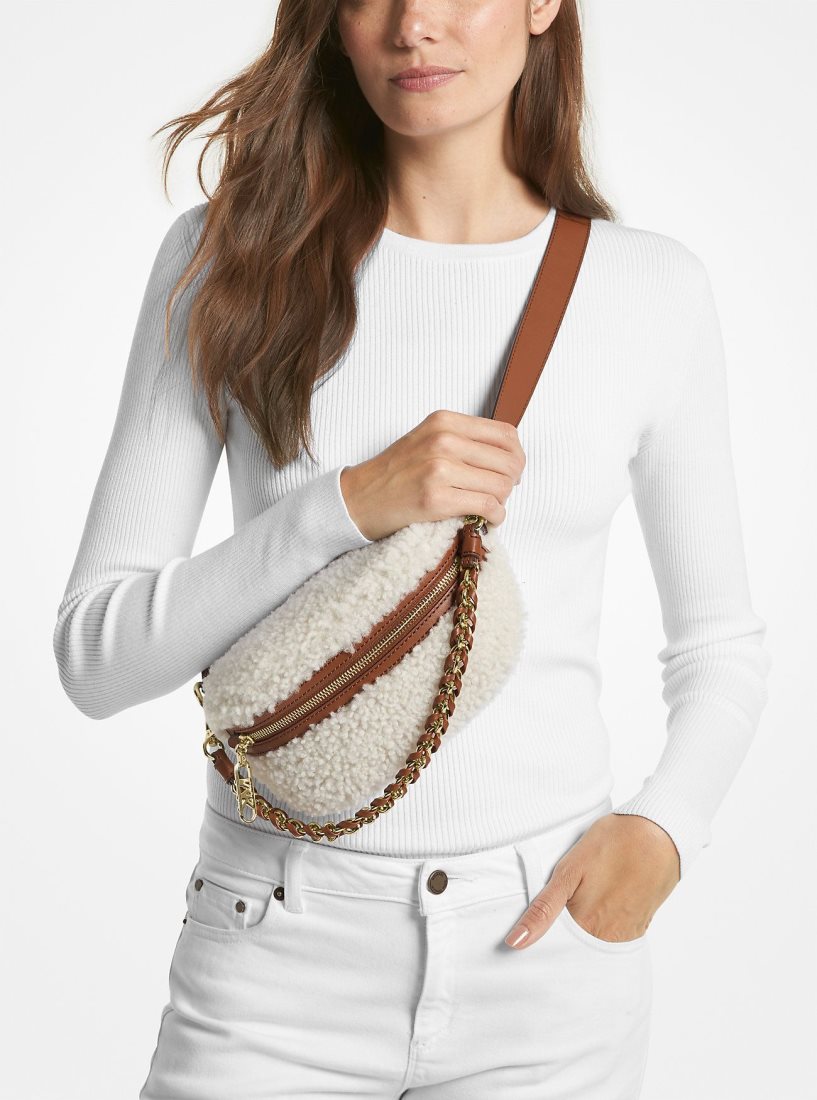 Michael Kors Slater Extra-Small Shearling Sling Pack Çapraz Çanta Kadın Bej Rengi | 973251-HUE