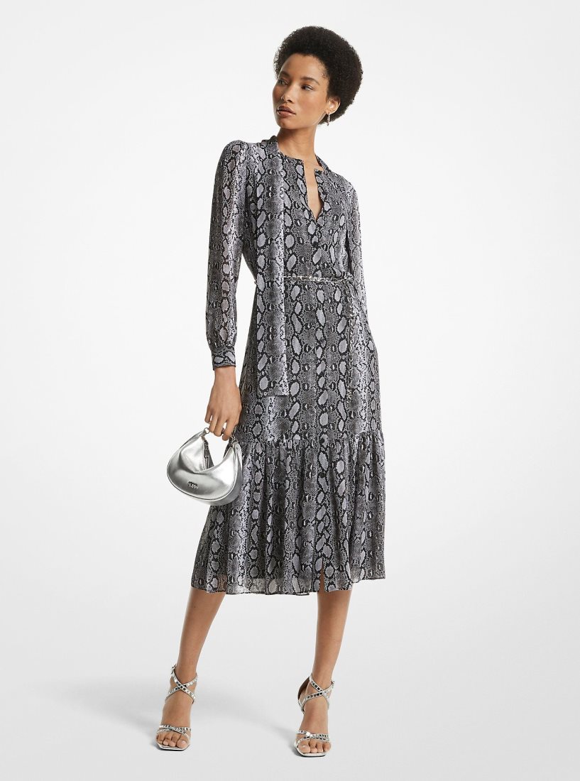 Michael Kors Snake Print Georgette Midi Dress Elbise Kadın Siyah | 056241-GEB