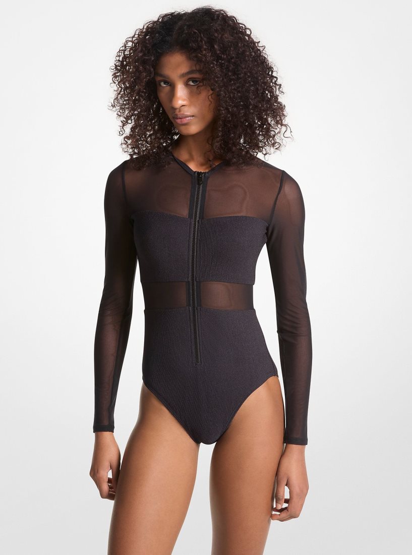 Michael Kors Stretch Nylon Zip-Up Swimsuit Mayo Kadın Siyah | 260479-ZBJ