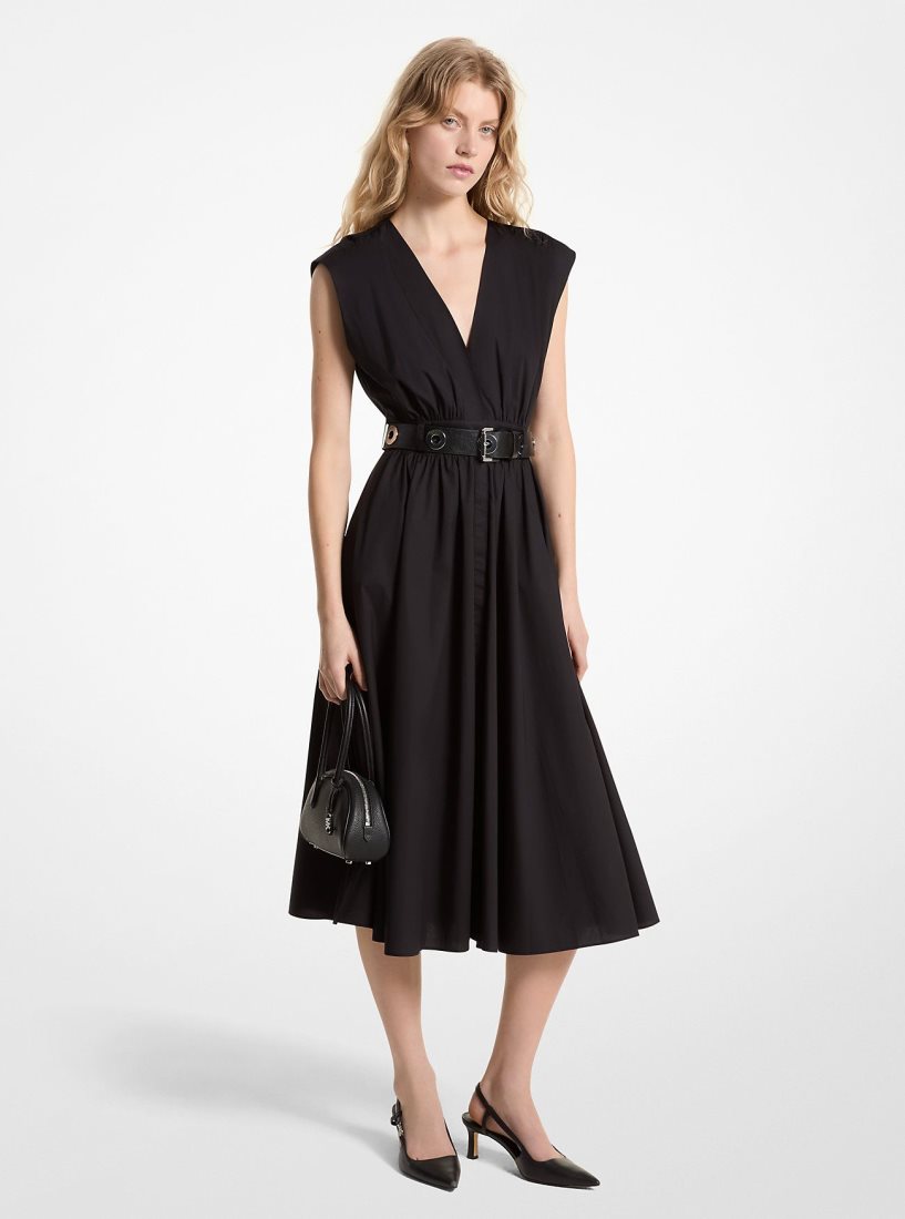 Michael Kors Stretch Organic Cotton Poplin Midi Dress Elbise Kadın Siyah | 075291-MTR