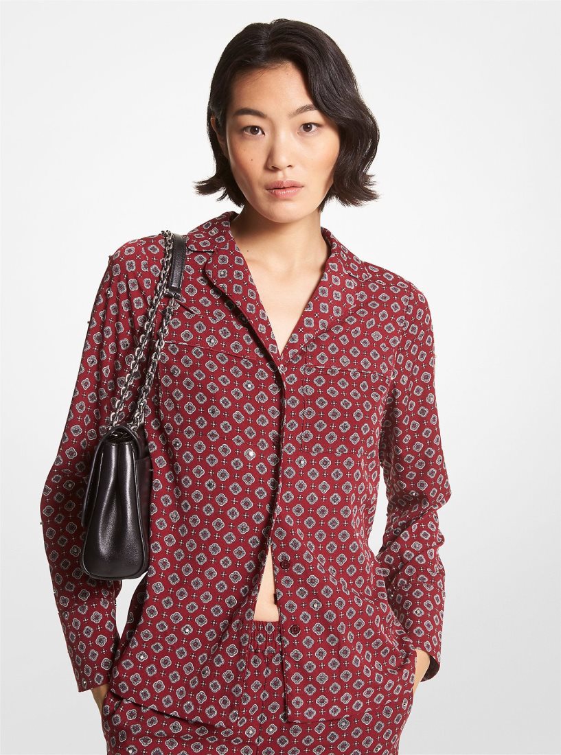 Michael Kors Studded Medallion Crushed Crepe Pajama Shirt Üstler Kadın Bordo | 283174-YOI