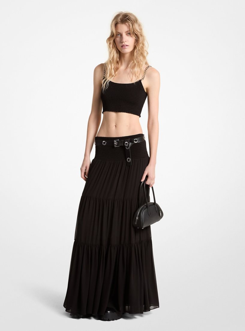 Michael Kors Tiered Smocked Georgette Maxi Skirt Etek Kadın Siyah | 725431-RCF