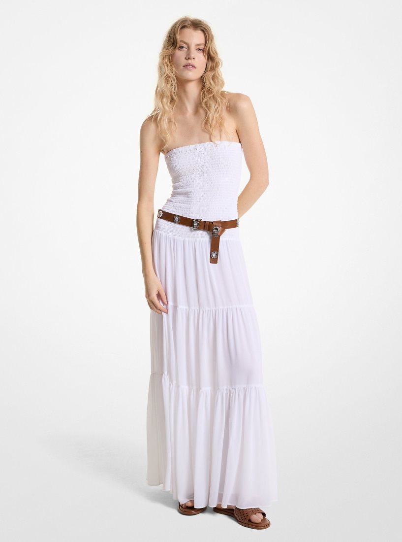 Michael Kors Tiered Smocked Georgette Maxi Dress Elbise Kadın Beyaz | 104786-IEB