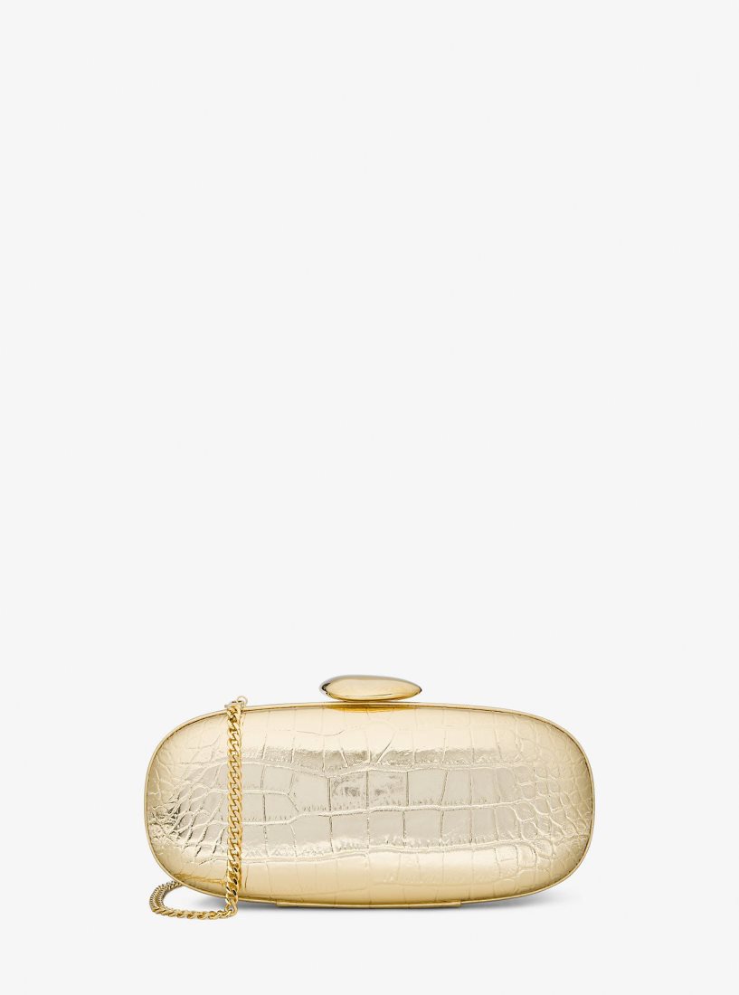 Michael Kors Tina Small Metallic Crocodile Embossed Leather Minaudiere Debriyaj Çanta Kadın Altın | 706952-BMY