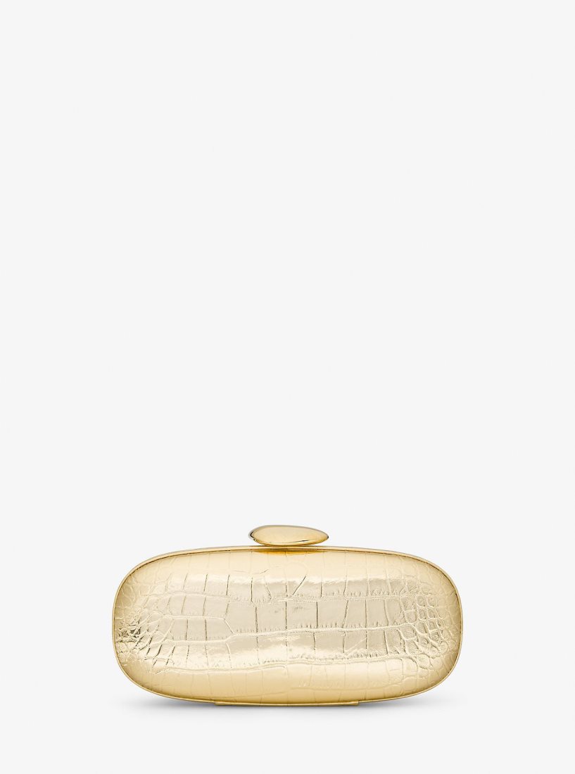 Michael Kors Tina Small Metallic Crocodile Embossed Leather Minaudiere Debriyaj Çanta Kadın Altın | 706952-BMY