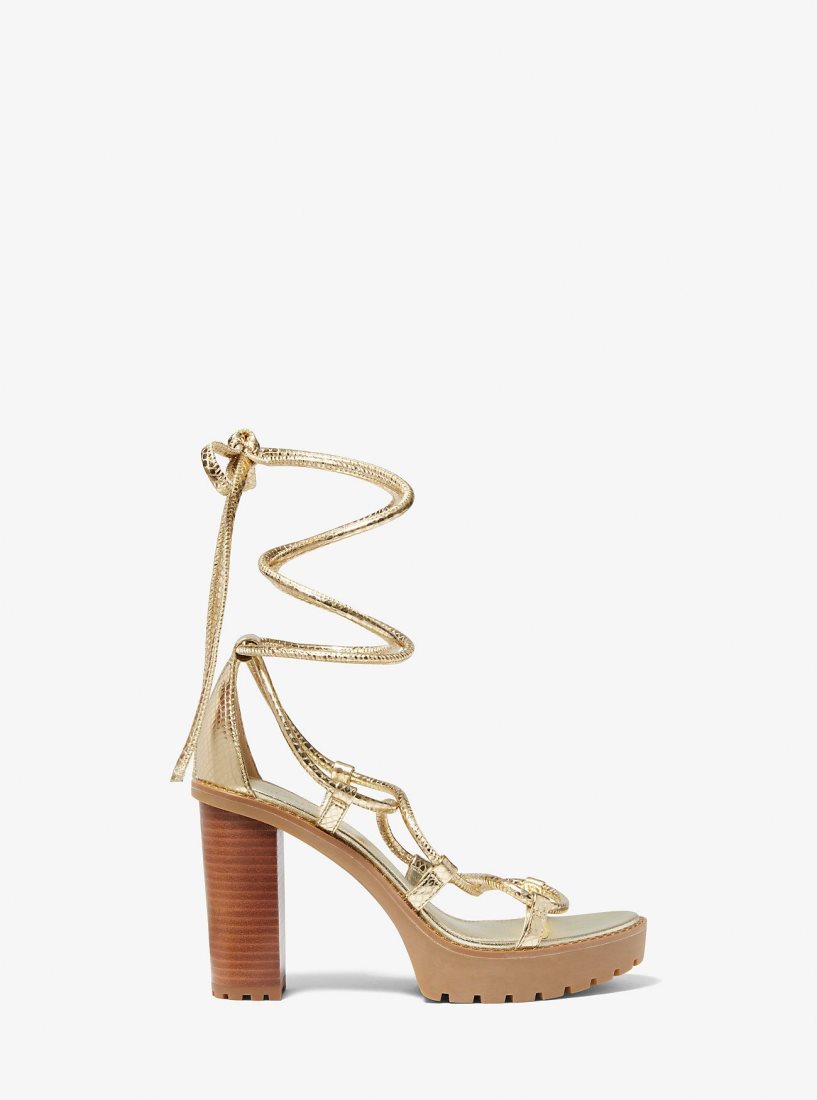 Michael Kors Vero Metallic Snake Embossed Leather Platform Sandal Platform Ayakkabı Kadın Altın | 625034-HOQ