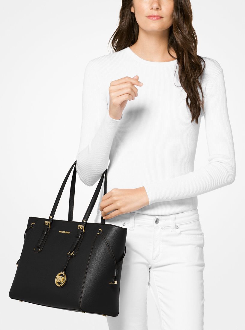 Michael Kors Voyager Medium Crossgrain Leather Tote Bag Totes Kadın Siyah | 906847-LJQ