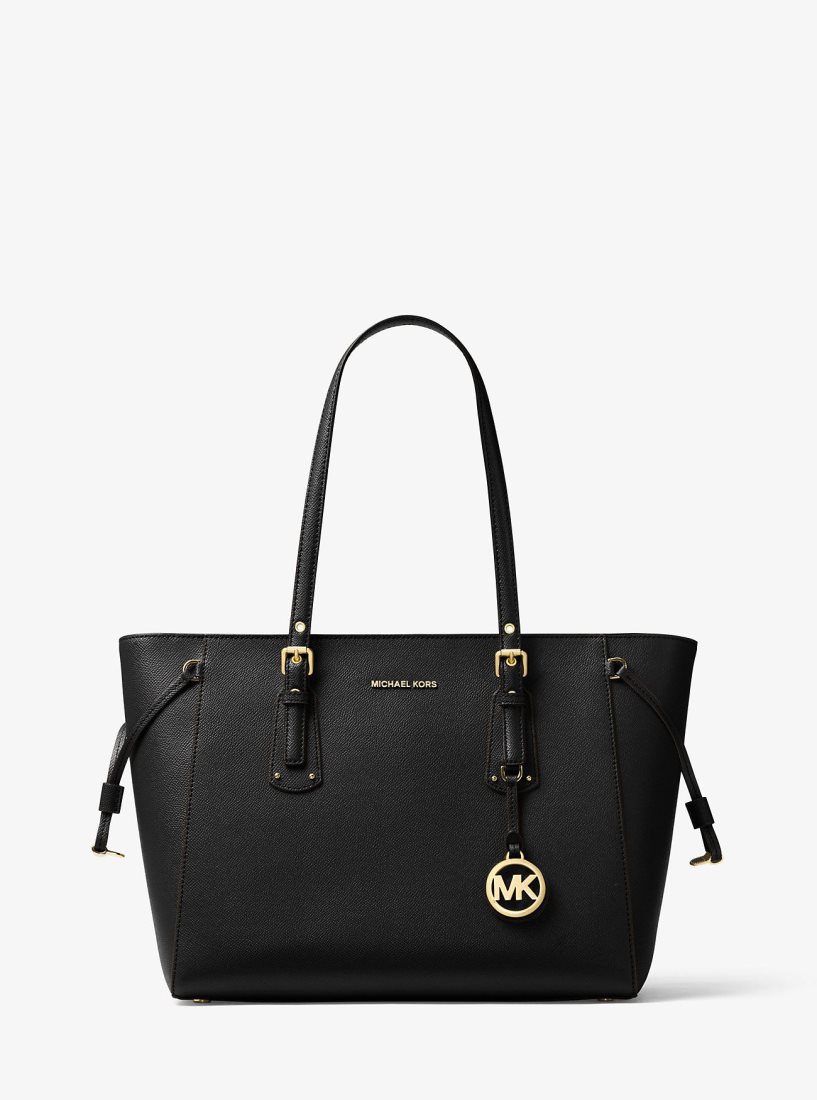 Michael Kors Voyager Medium Crossgrain Leather Tote Bag Totes Kadın Siyah | 906847-LJQ