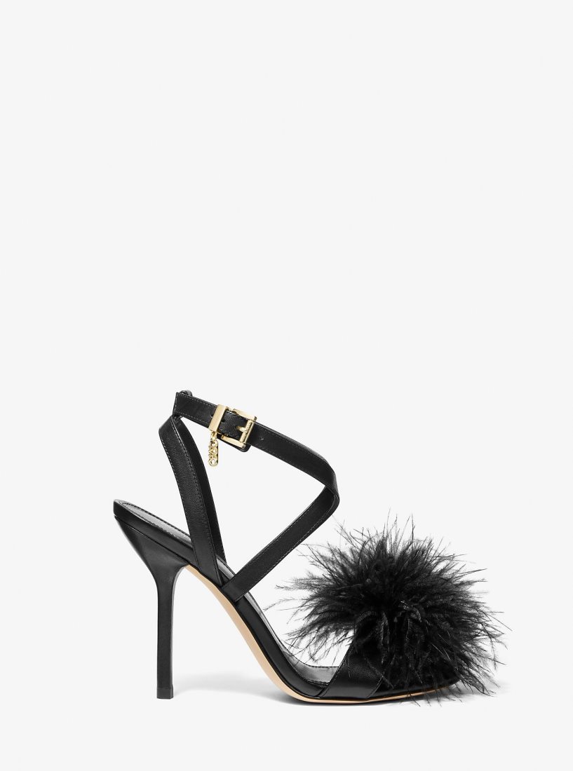 Michael Kors Whitby Feather Trim Leather Sandal Sandalet Kadın Siyah | 147532-VOR