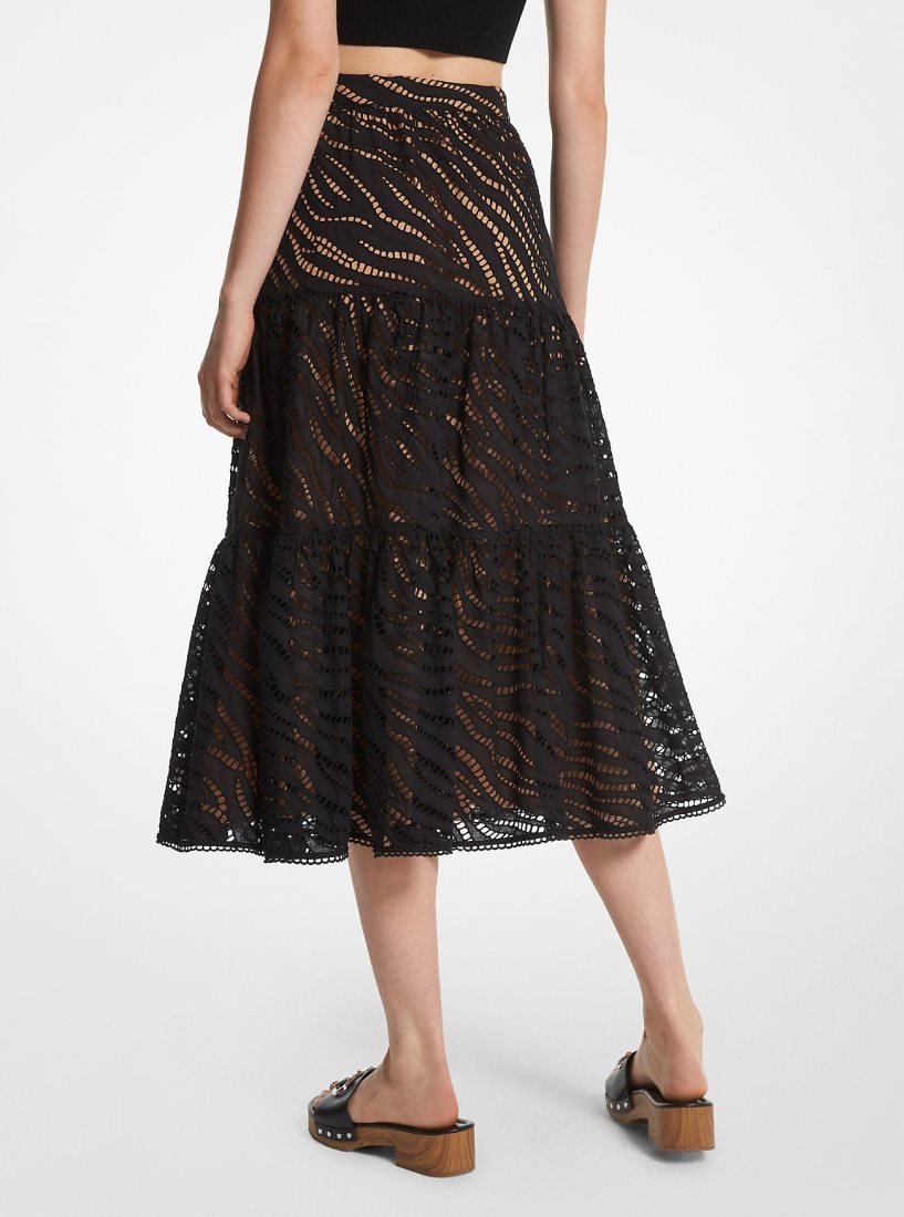 Michael Kors Zebra Eyelet Cotton Tiered Midi Skirt Etek Kadın Siyah | 328907-TRV