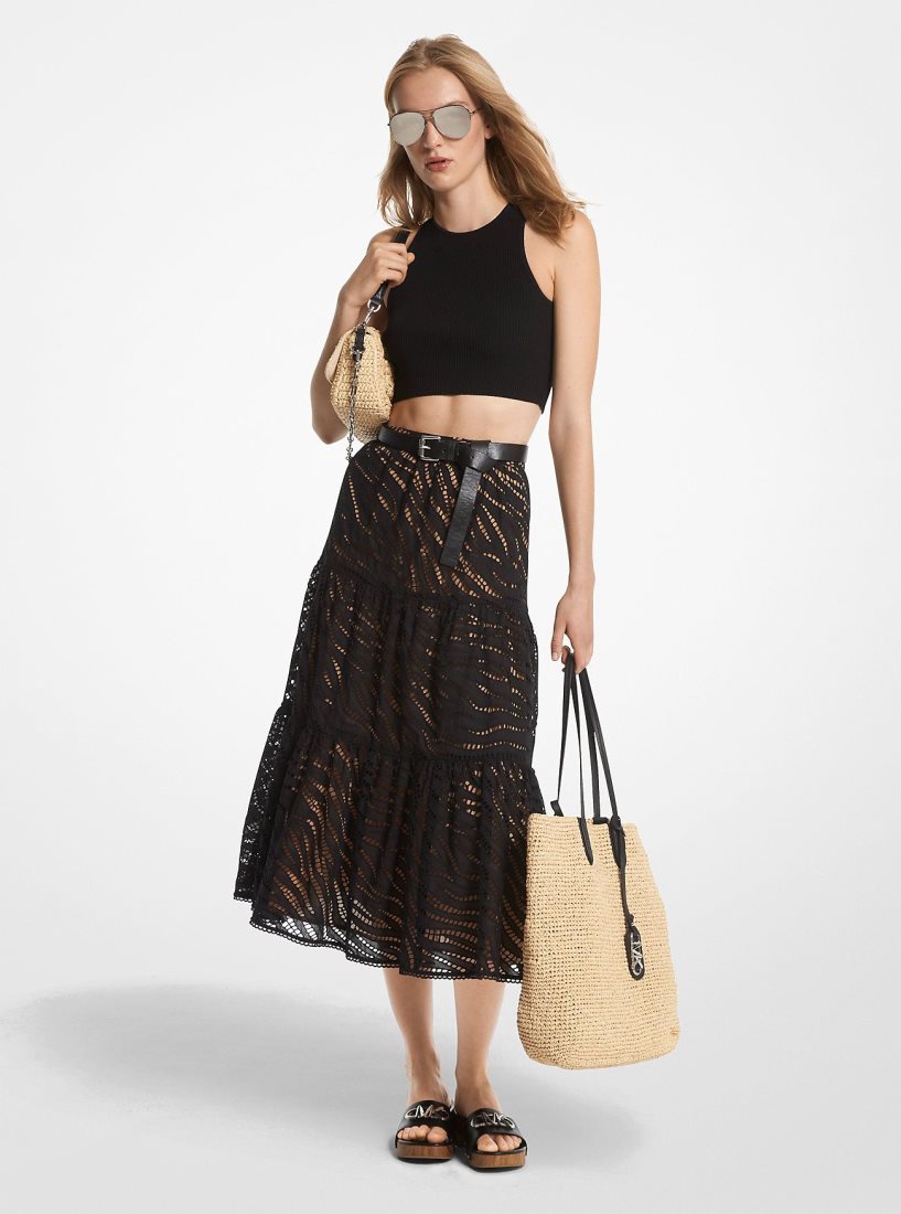 Michael Kors Zebra Eyelet Cotton Tiered Midi Skirt Etek Kadın Siyah | 328907-TRV